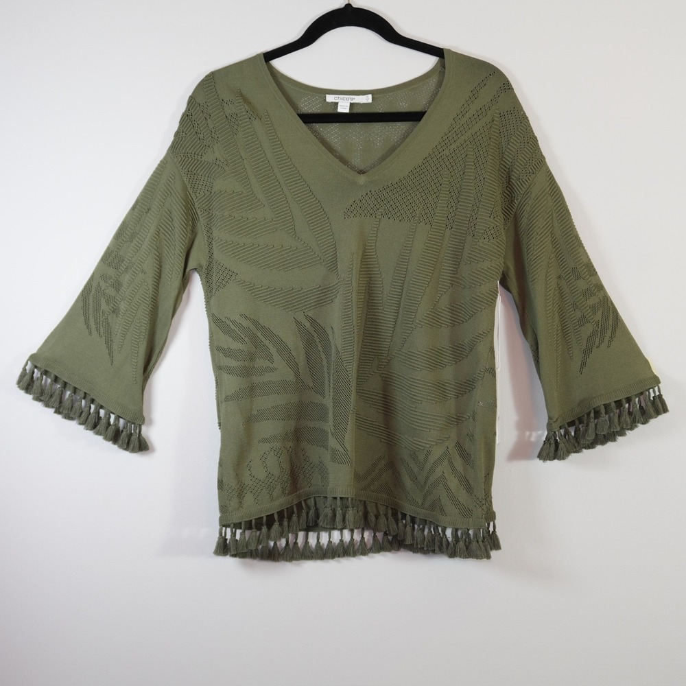 Chico's Olive Palm Leaf Knit Sweater Tassel Hem Bell Sleeve Top Women's Size 0 S